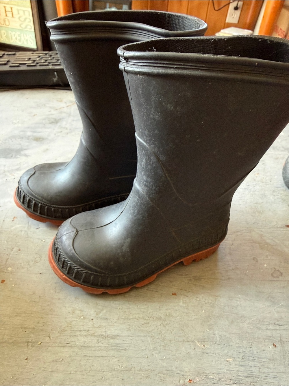 Black Rubber Kids Rain Boots with Orange Soles